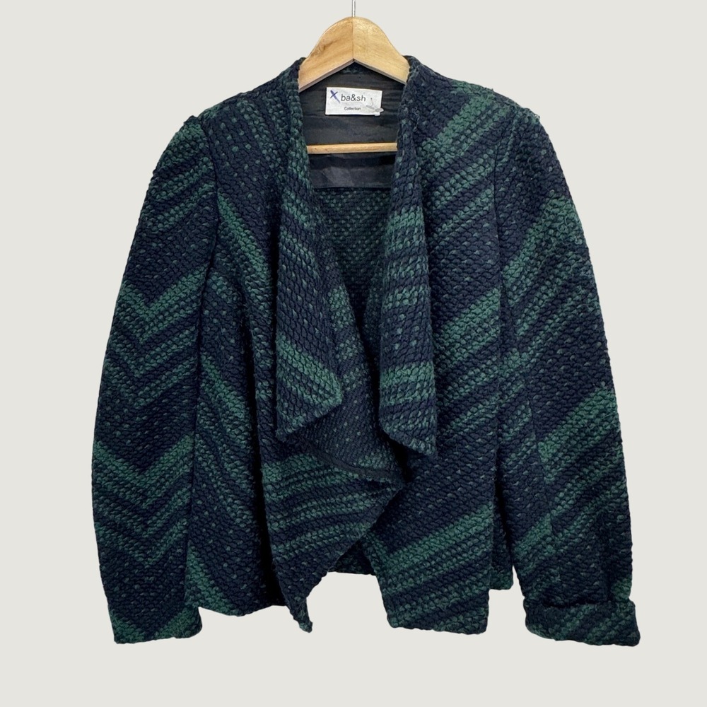ba&sh Open Front Chevron Jacket Size 1 Green Black Parisian Chic Textured Knit
